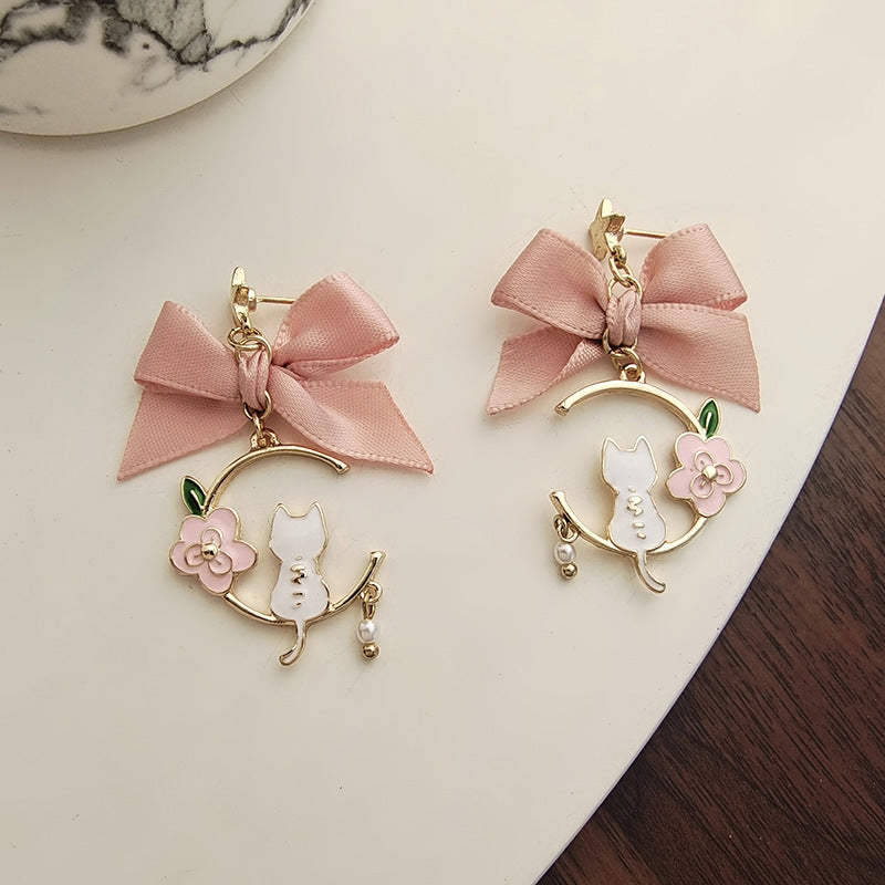 Fashion Cat Bow Knot Pink Enamel Pearl Drop Earrings with S925 Silver Needle