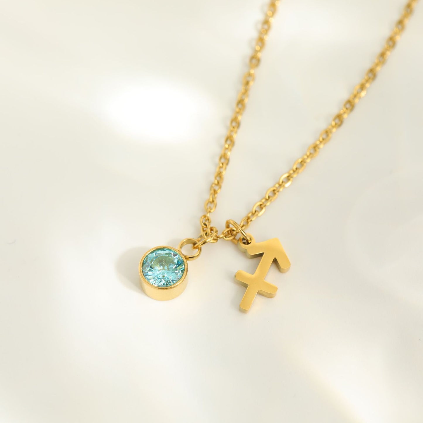 Fashion Zodiac Birthstone Pendant Necklace - 18K Gold Plated Stainless Steel