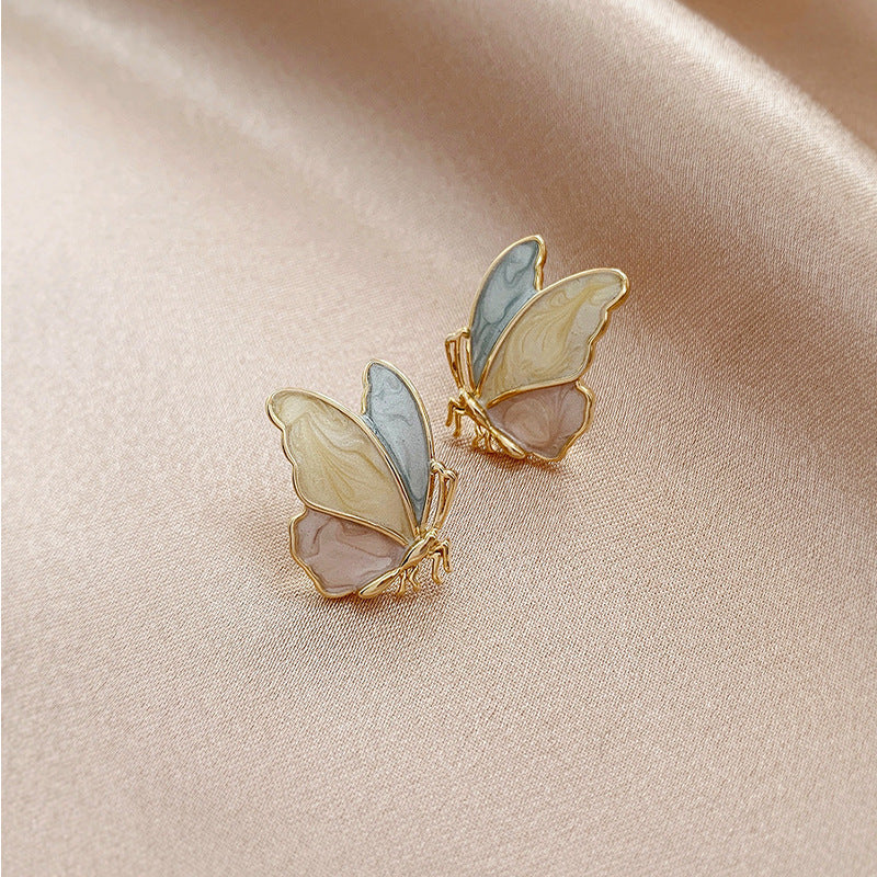 Fashion Color Butterfly Drip Oil Painted 925 Silver Needle Korean  Alloy Earrings