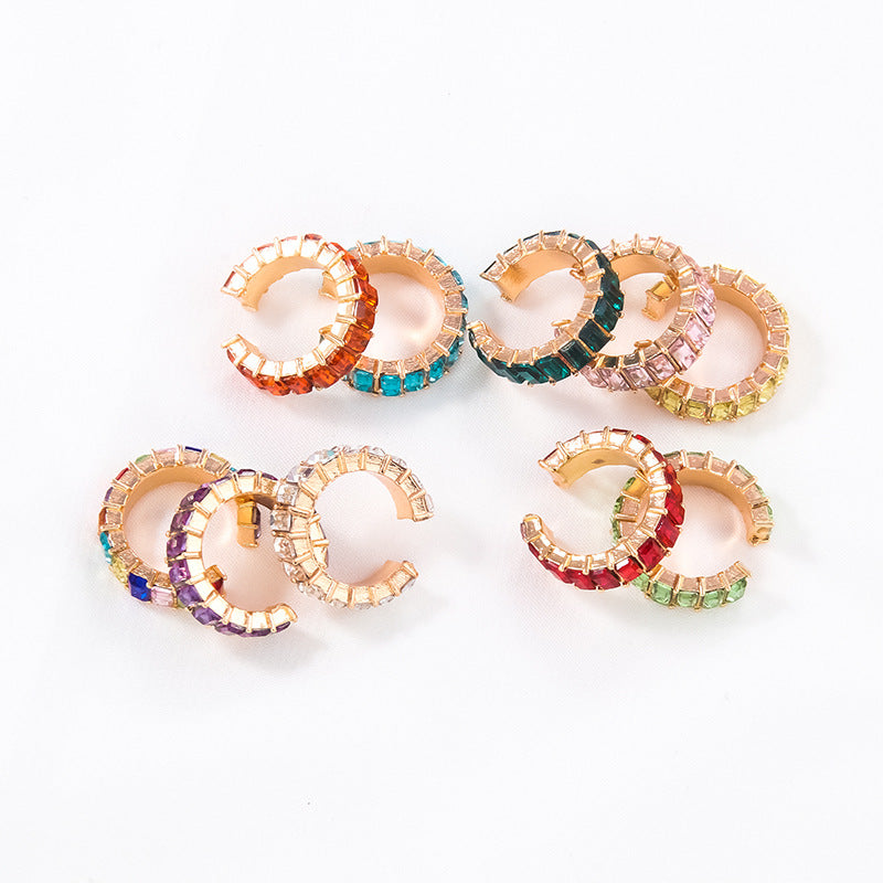 Fashion Vintage Colored Diamond C-shaped Ear Cuff Earrings