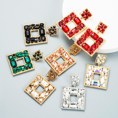 Fashion Colored Diamond Series Alloy Diamond-studded Glass Diamond Multi-layer Square Earrings
