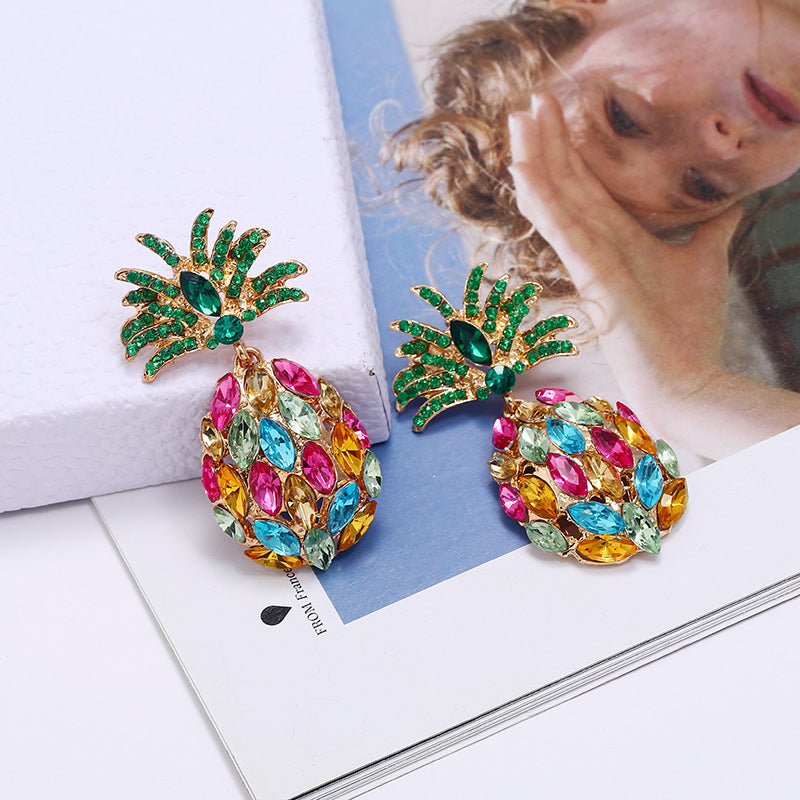 Fashion Creative Fruit Pineapple Inlaid Colorful Diamond  Earrings Wholesale