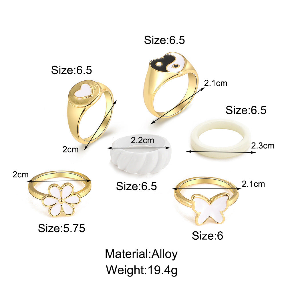 Fashion Creative Tai Chi Heart-shaped Oil Drip 6 Piece Sets Butterfly Daisy Resin Rings Wholesale