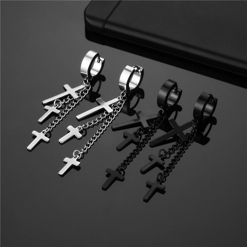 Fashion Titanium Steel Cross Chain Tassel Drop Earrings