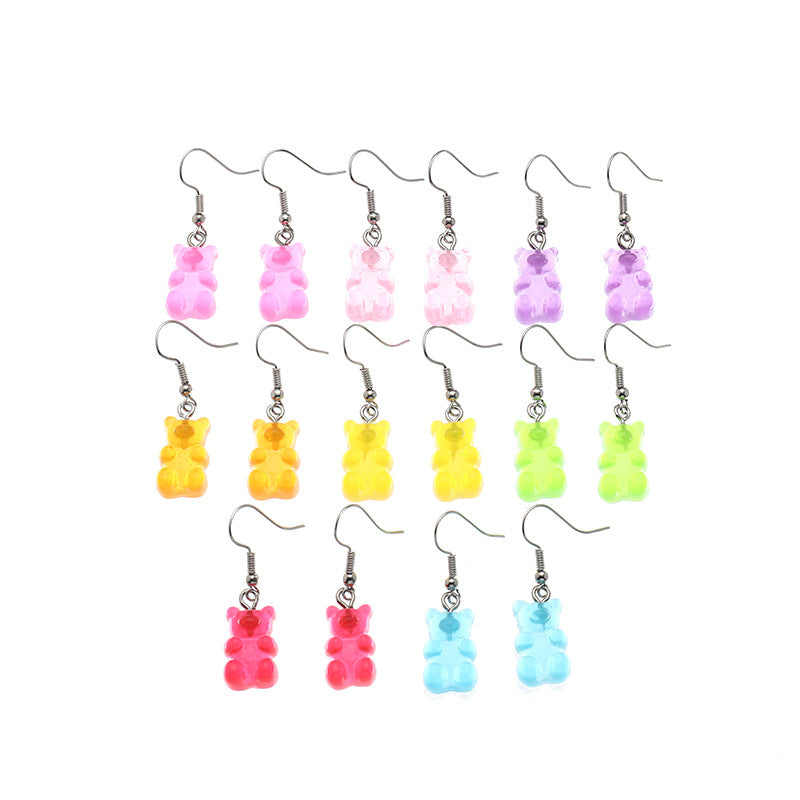 Fashion Cute Candy Color Cartoon Bear Girls' Earrings 8 Pairs Set