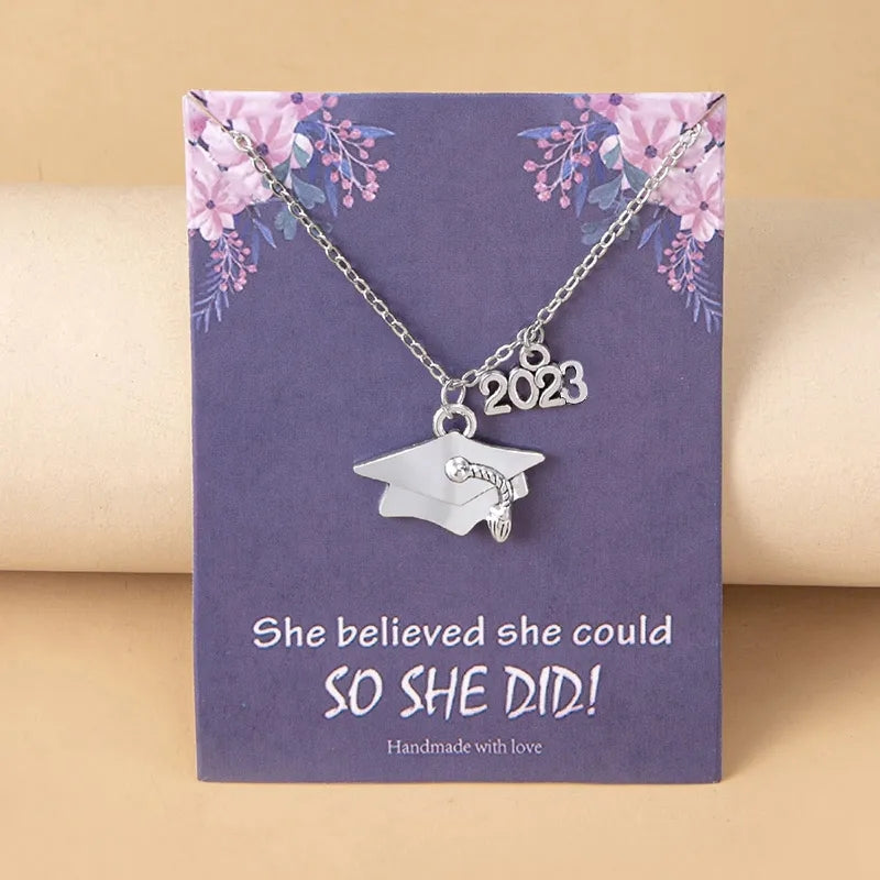 Graduation Cap Stainless Steel Pendant Necklace with Inspirational Card