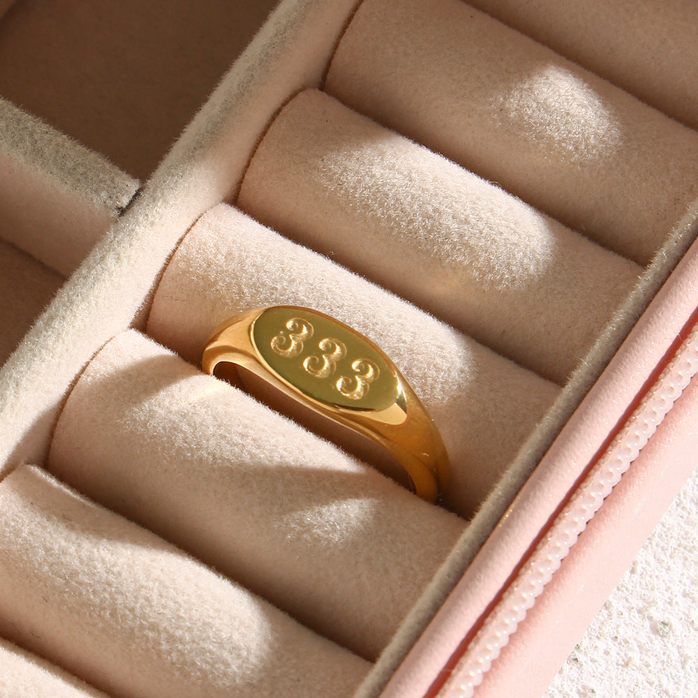 18K Gold Plated Stainless Steel Oval Number Ring for Women