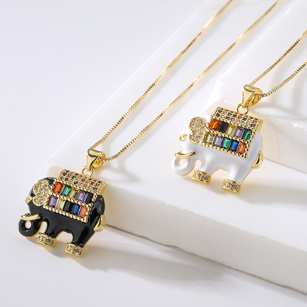 Fashion Elephant Copper Enamel Gold Plated Zircon Pendant Necklace 1 Pair