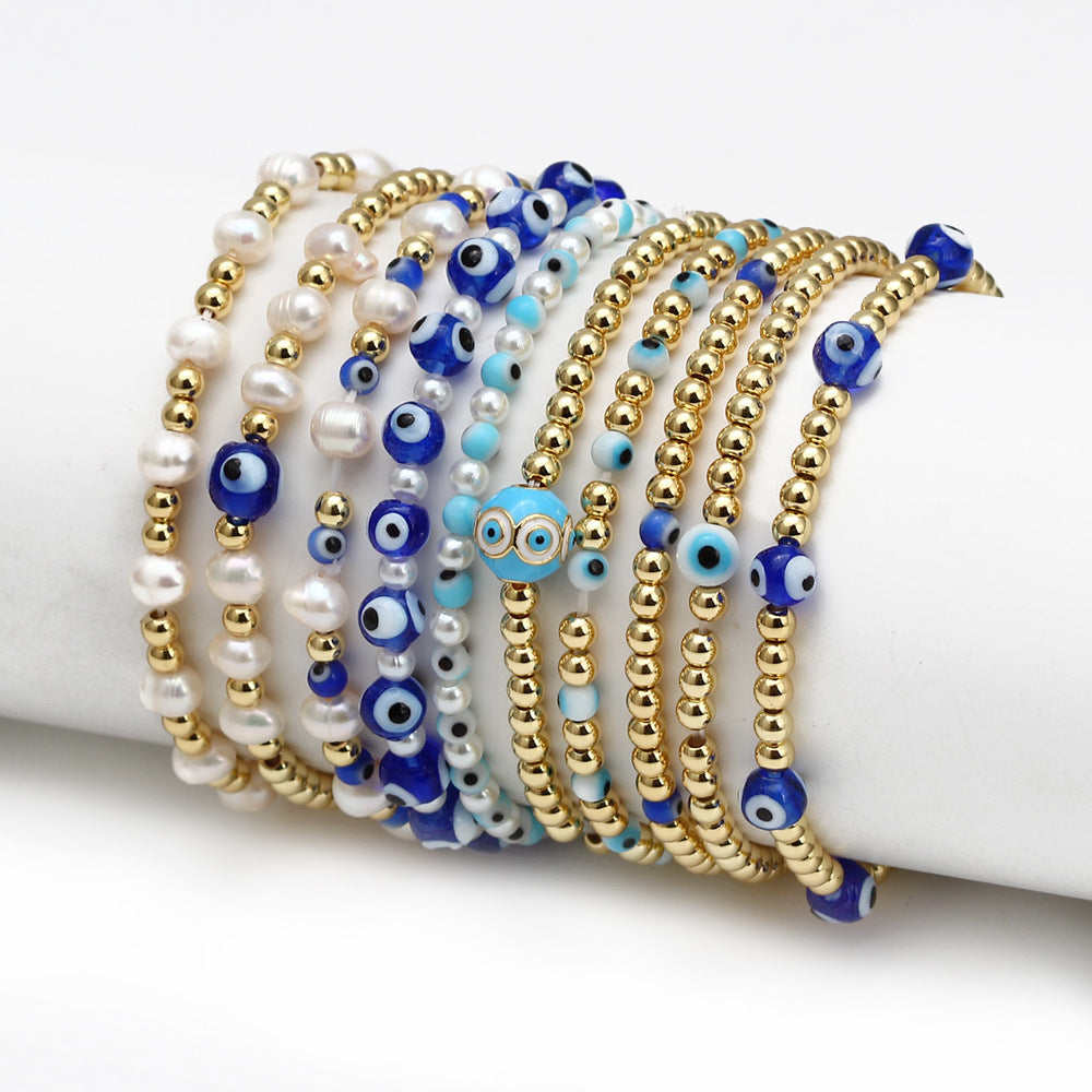 Evil Eye Copper Plated Bracelet Set with Blue Bead Charms