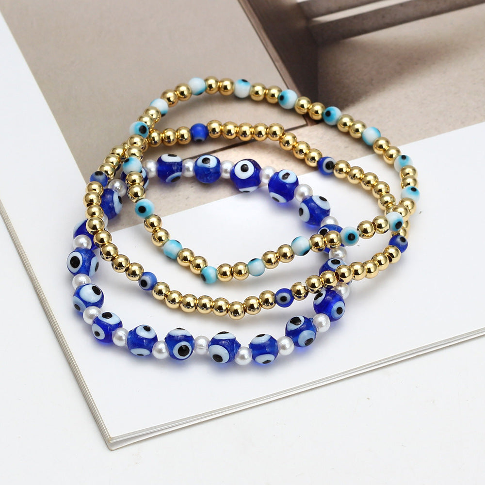 Evil Eye Copper Plated Bracelet Set with Blue Bead Charms