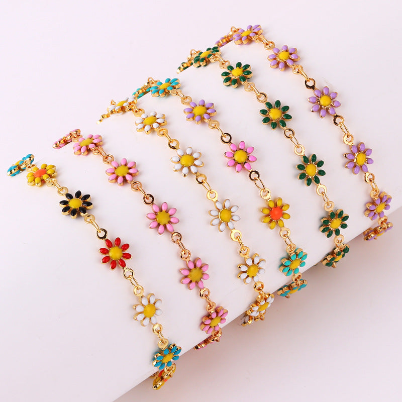 Fashion Daisy Enamel Flower Necklace and Bracelet Set - 18k Gold Plated