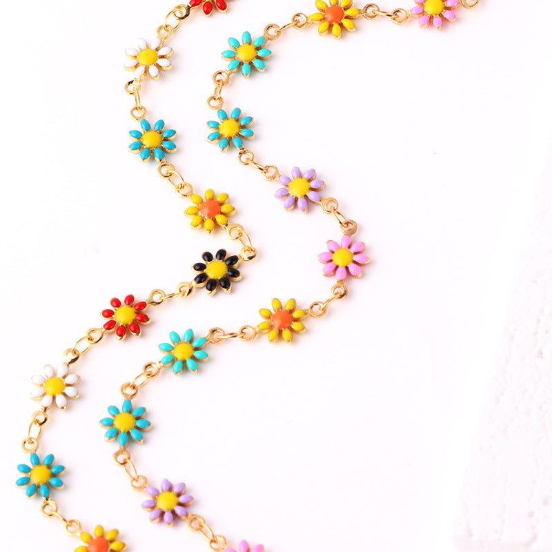 Fashion Daisy Enamel Flower Necklace and Bracelet Set - 18k Gold Plated