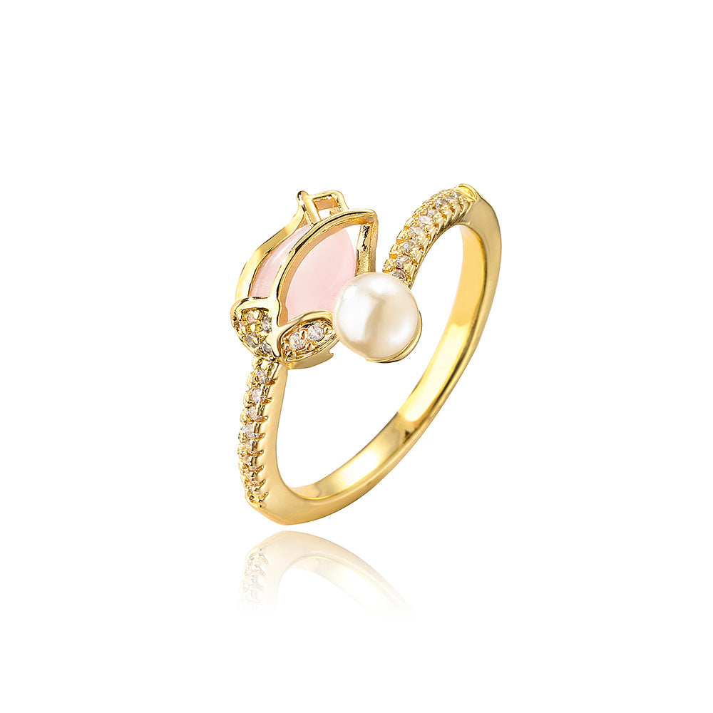 Elegant Geometric Zircon Pearl Open Ring - Gold Plated Copper