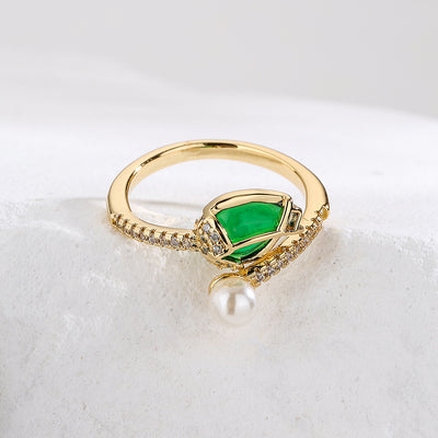 Elegant Geometric Zircon Pearl Open Ring - Gold Plated Copper