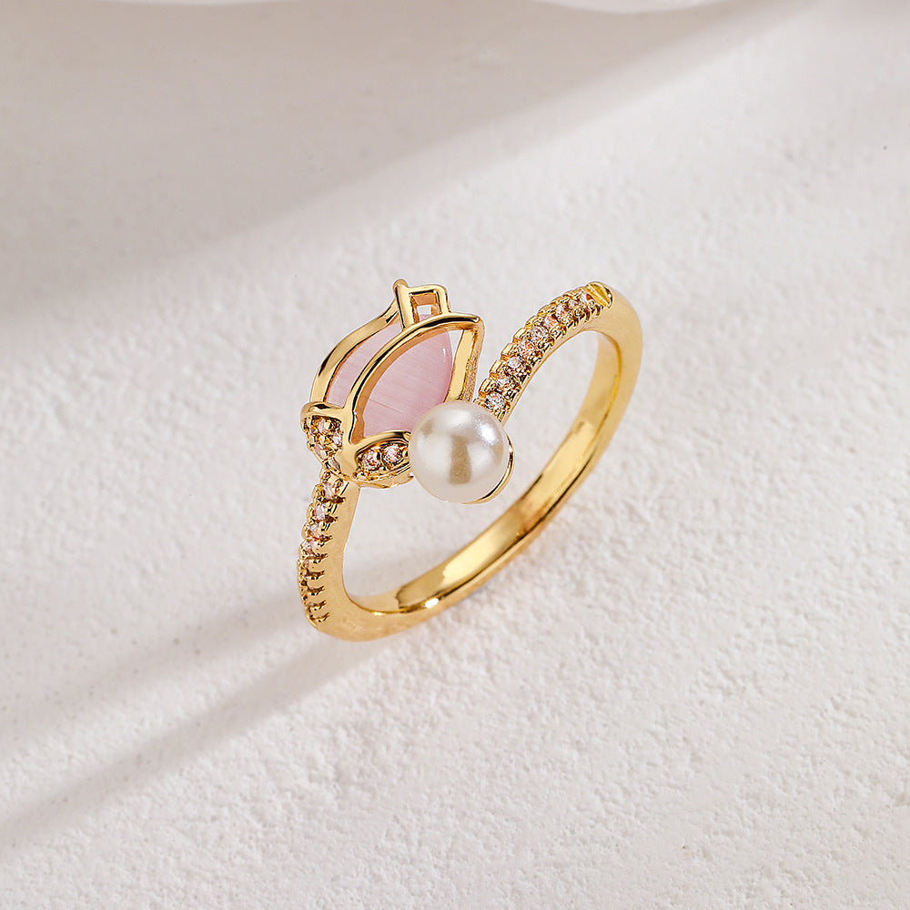 Elegant Geometric Zircon Pearl Open Ring - Gold Plated Copper