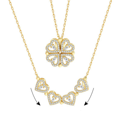 Fashion Four Leaf Clover Heart Shape Stainless Steel Flowers Inlay Zircon Necklace