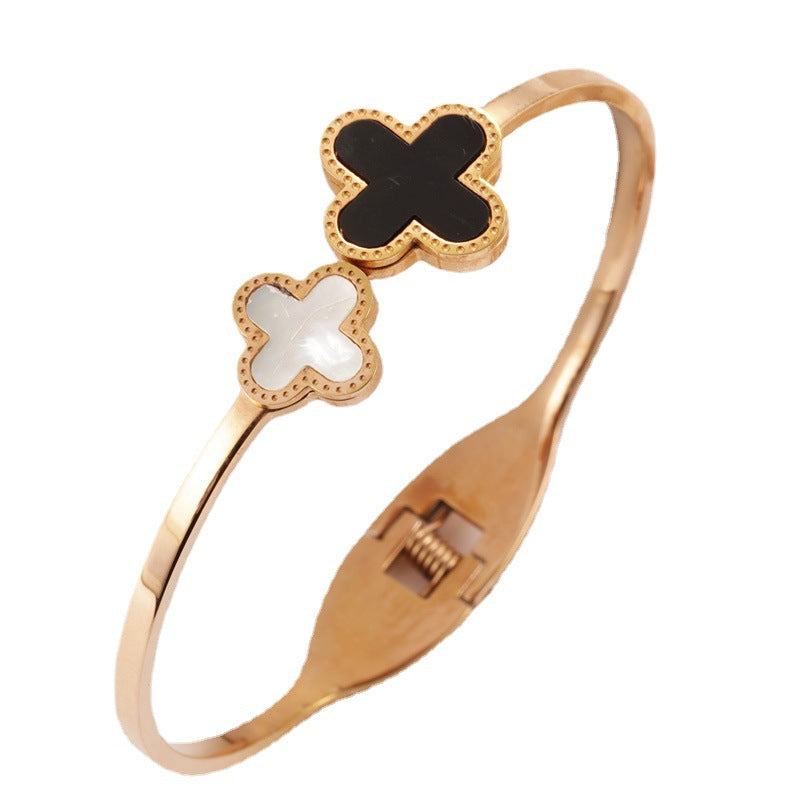 Rose Gold Four Leaf Clover Titanium Steel Bangle with Rhinestone Inlay