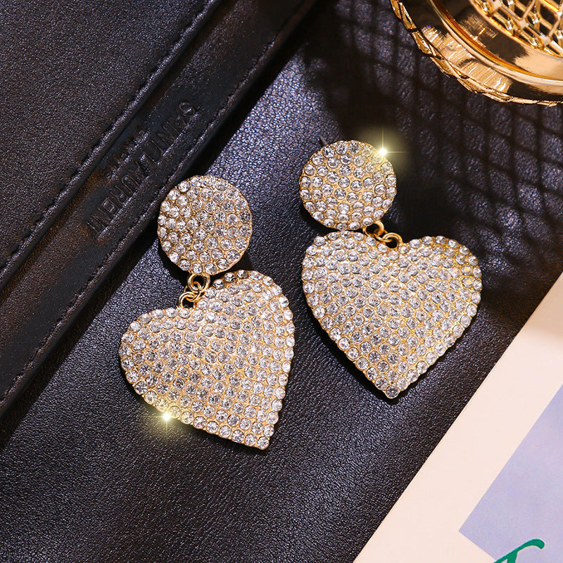 Fashion Full Diamond Exaggerated Peach Heart Alloy Earrings Female