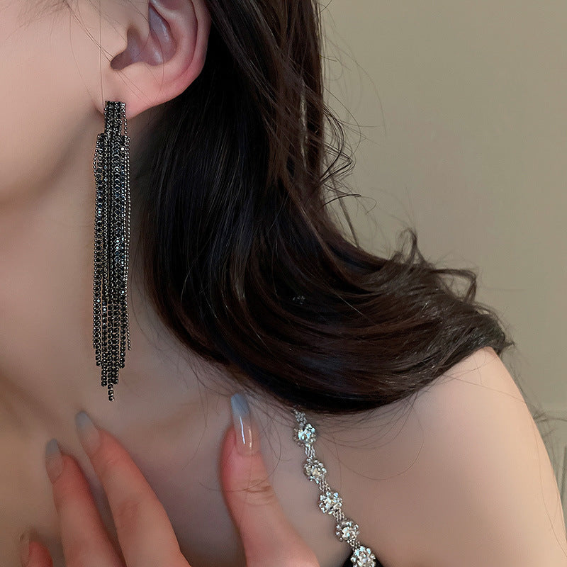 Geometric Alloy Tassel Rhinestone Drop Earrings with 925 Silver Needle