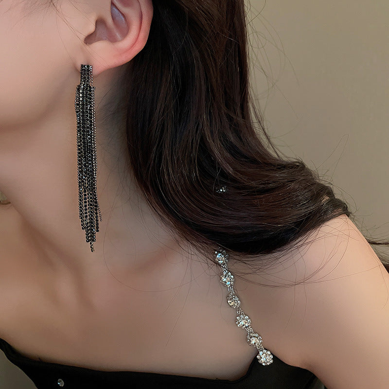 Geometric Alloy Tassel Rhinestone Drop Earrings with 925 Silver Needle