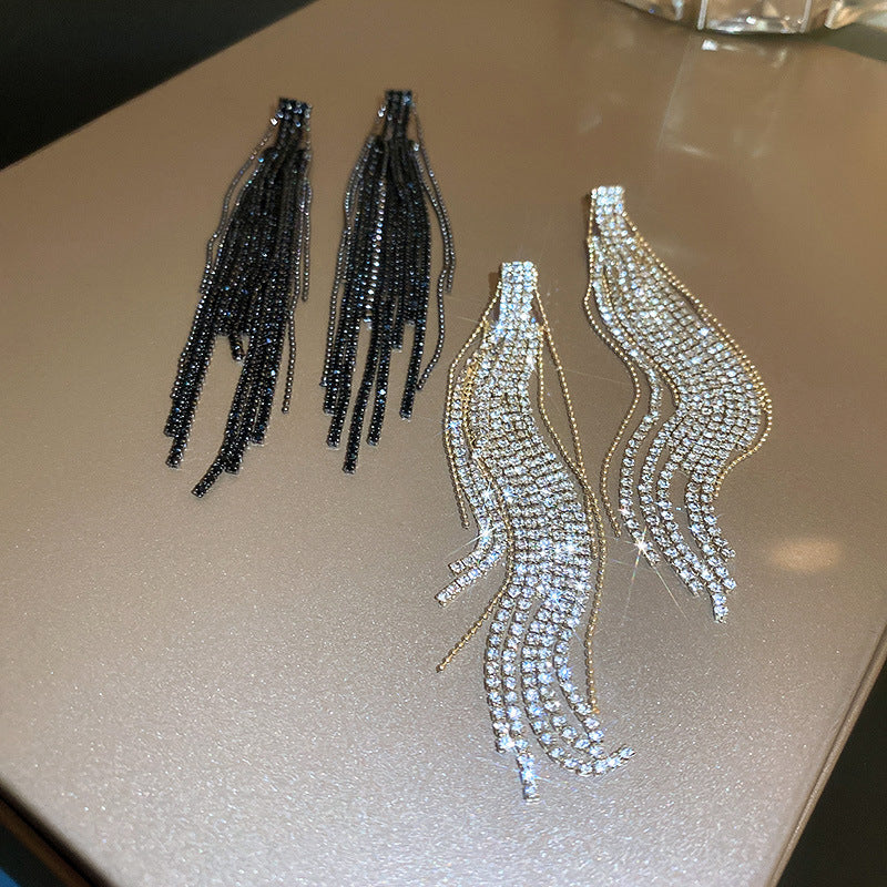 Geometric Alloy Tassel Rhinestone Drop Earrings with 925 Silver Needle