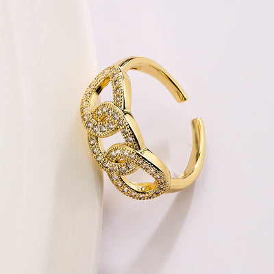 Fashion Geometric Zircon Open Ring - Gold Plated Copper Adjustable Design