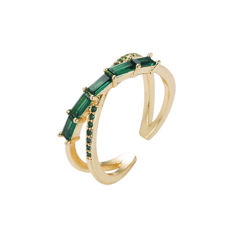 Emerald Green Double Layer Zircon Adjustable Open Ring - Fashion Geometric Copper Gold Plated Design