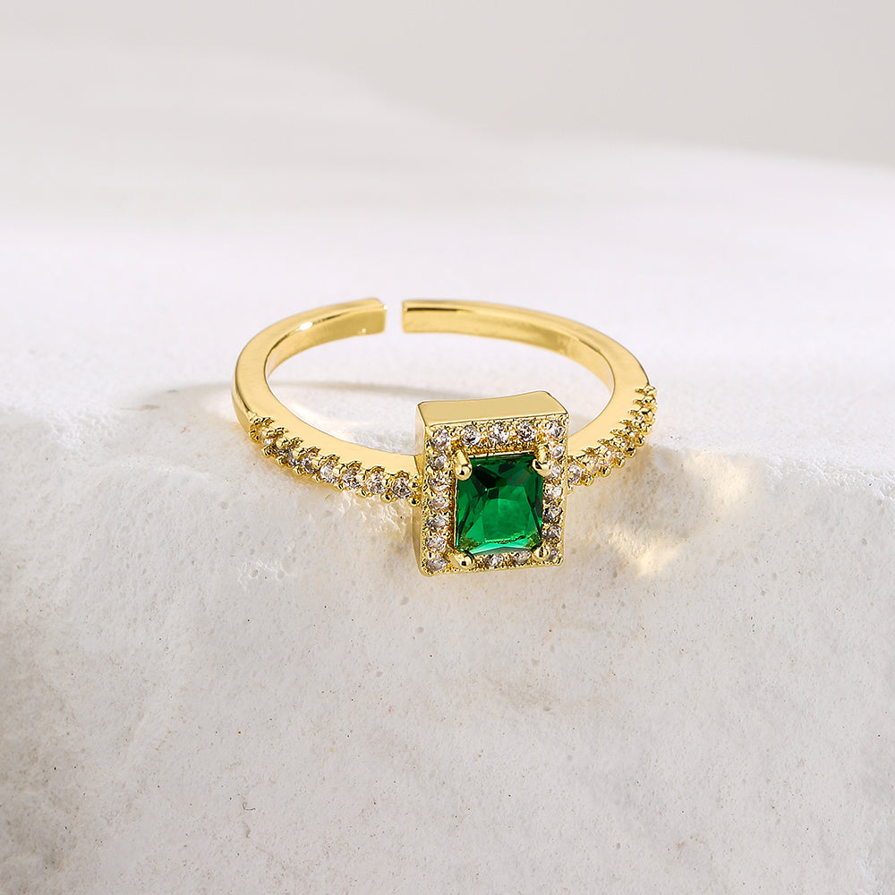 Geometric Gold Plated Copper Ring with Green Zircon