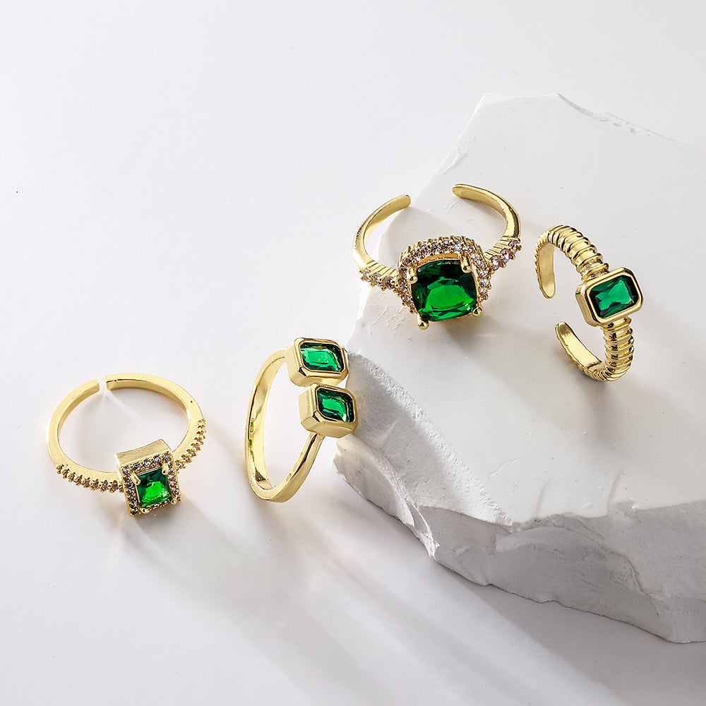 Geometric Gold Plated Copper Ring with Green Zircon