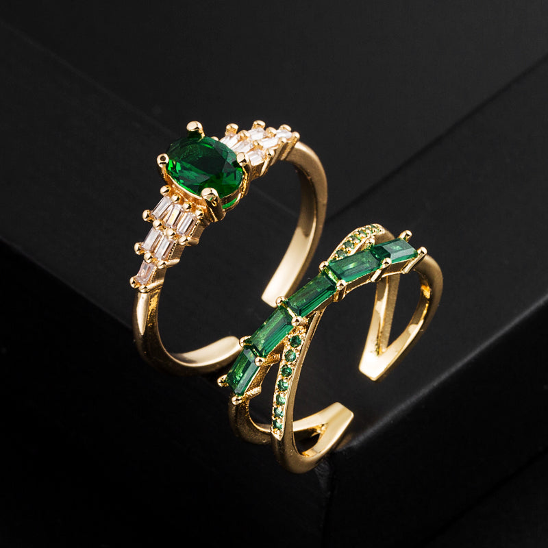 Emerald Green Double Layer Zircon Adjustable Open Ring - Fashion Geometric Copper Gold Plated Design