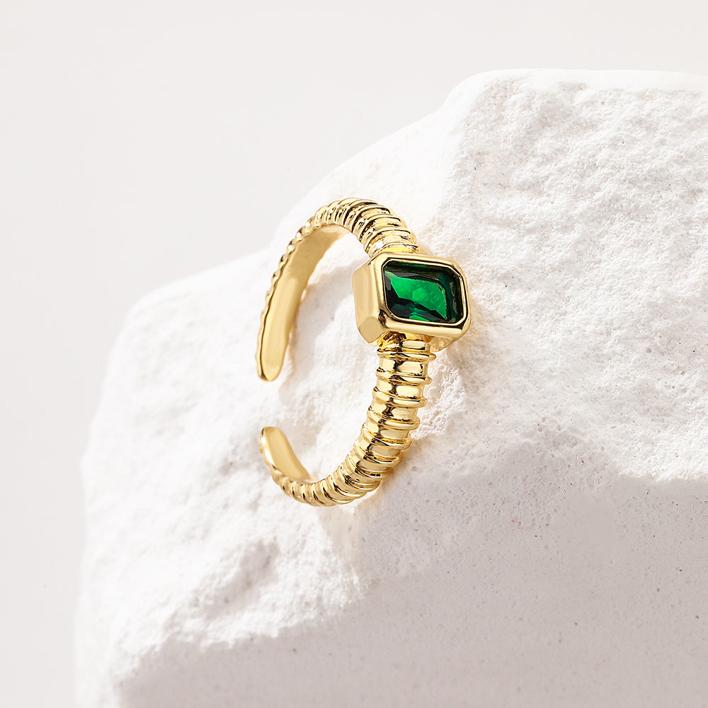 Geometric Gold Plated Copper Ring with Green Zircon