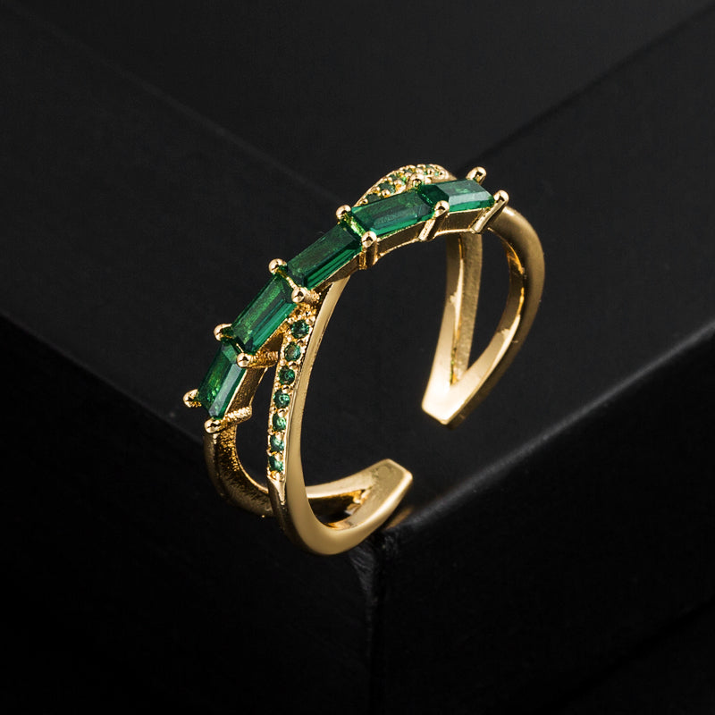 Emerald Green Double Layer Zircon Adjustable Open Ring - Fashion Geometric Copper Gold Plated Design