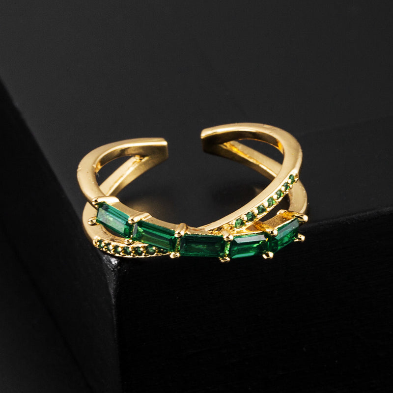 Emerald Green Double Layer Zircon Adjustable Open Ring - Fashion Geometric Copper Gold Plated Design