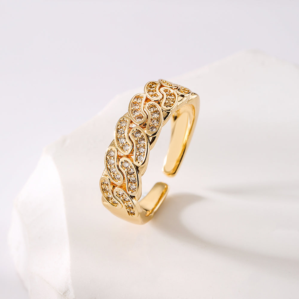 Fashion Geometric Zircon Open Ring - Gold Plated Copper Adjustable Design