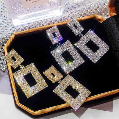 Fashion Geometric Rhinestone Inlaid Square Drop Earrings