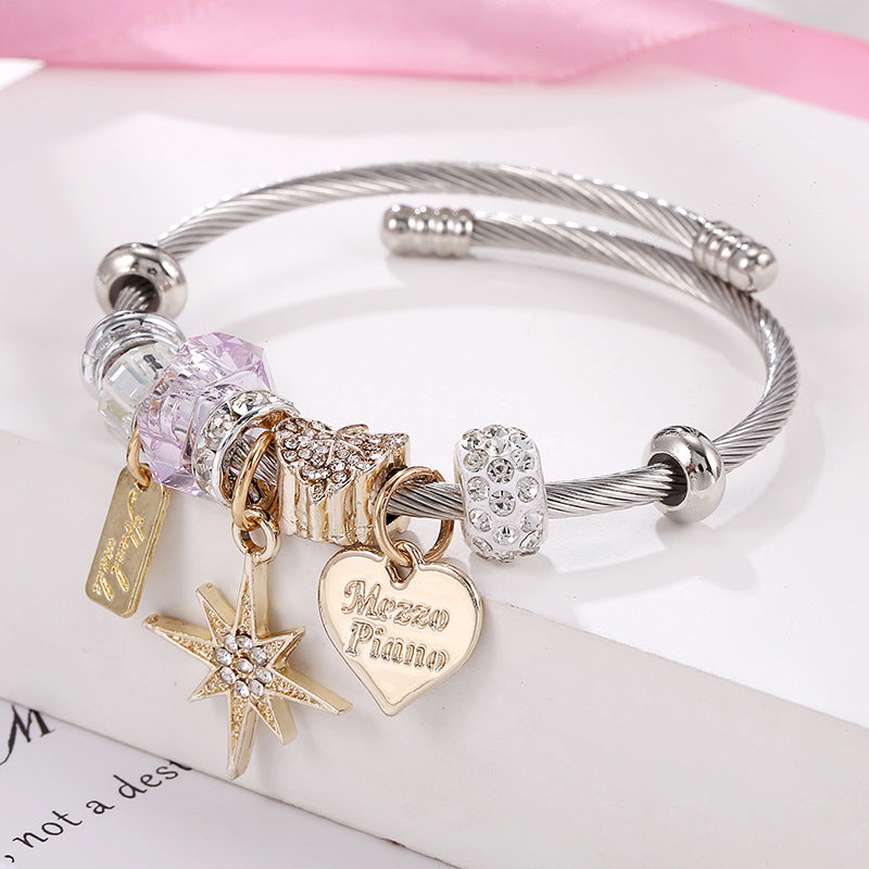 Geometric Rhinestone Stainless Steel Bangle with Gold Star and Pink Heart Charms Bracelet