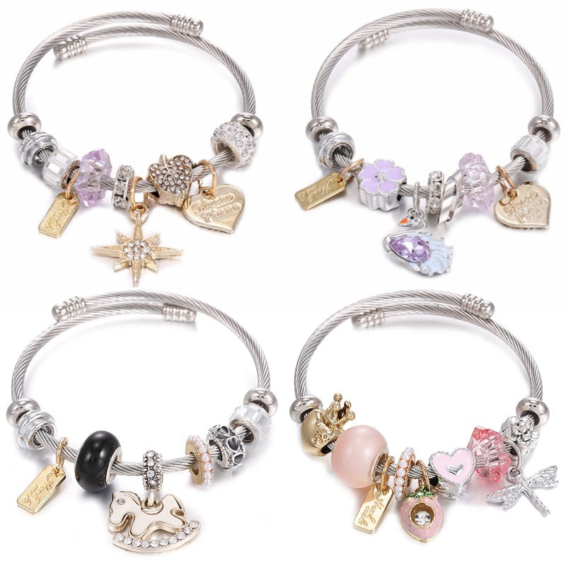 Geometric Rhinestone Stainless Steel Bangle with Gold Star and Pink Heart Charms Bracelet