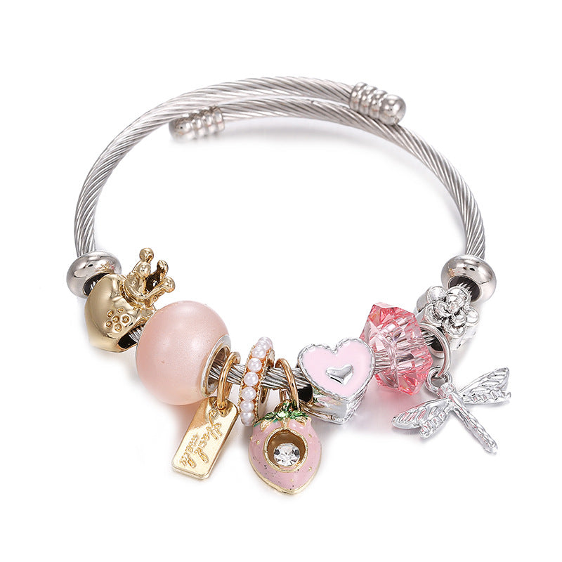 Geometric Rhinestone Stainless Steel Bangle with Gold Star and Pink Heart Charms Bracelet