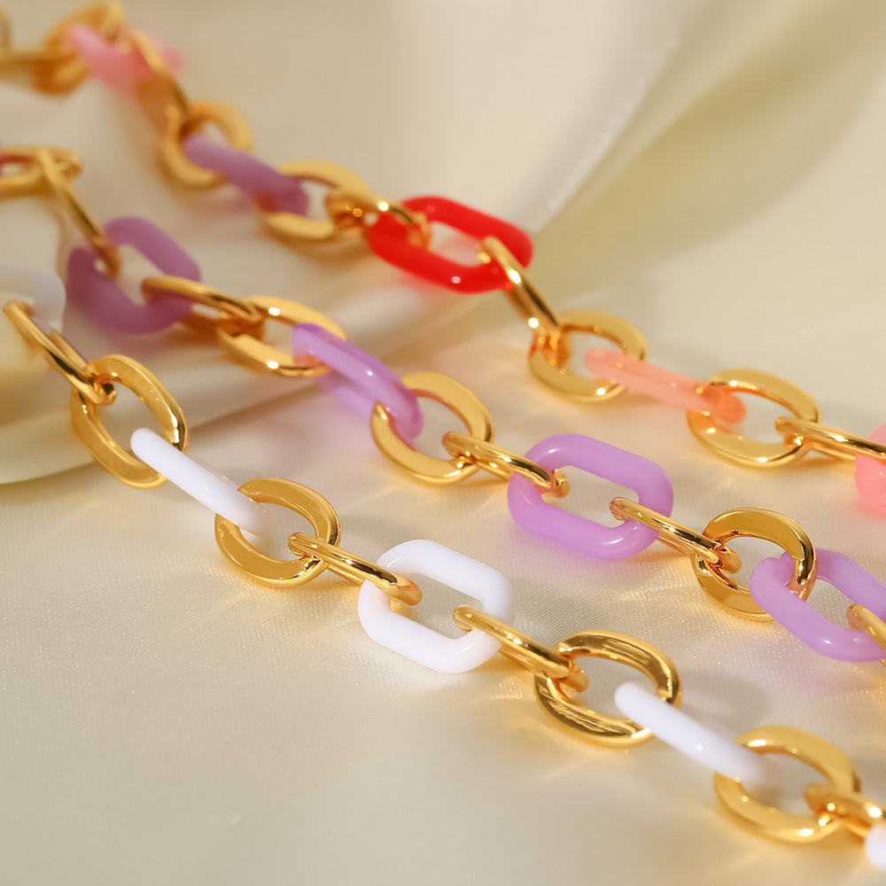 Geometric Colorful Resin 18k Gold Plated Stainless Steel Cross Chain Bracelet for Women