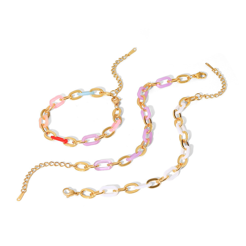 Geometric Colorful Resin 18k Gold Plated Stainless Steel Cross Chain Bracelet for Women