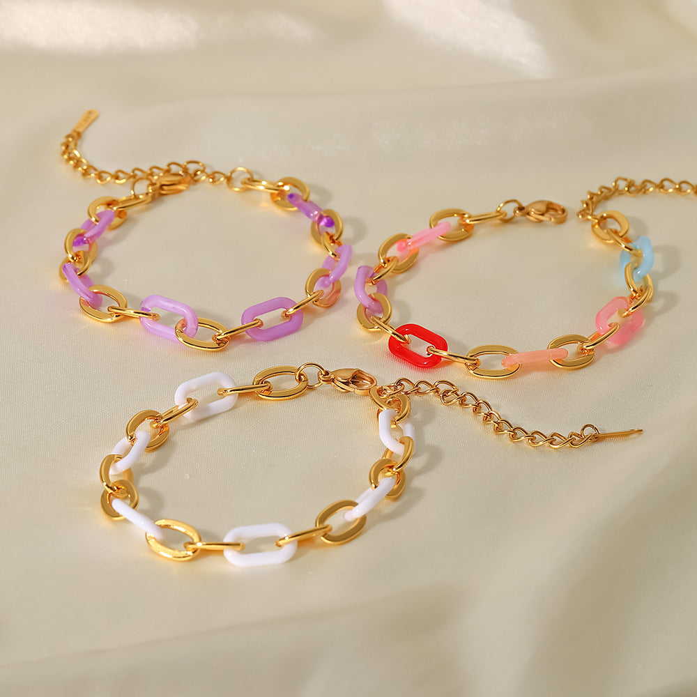 Geometric Colorful Resin 18k Gold Plated Stainless Steel Cross Chain Bracelet for Women