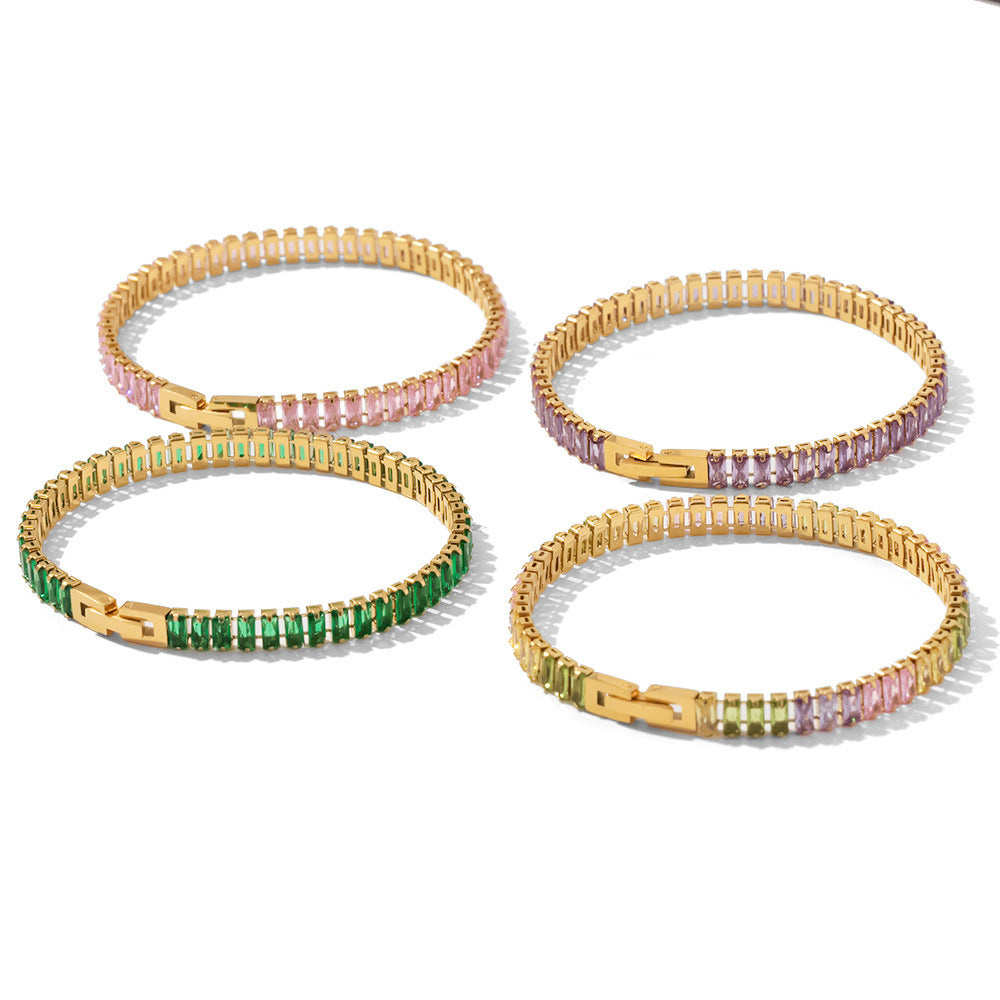 18k Gold Plated Geometric Stainless Steel Bracelet with Colorful Zircon Inlay