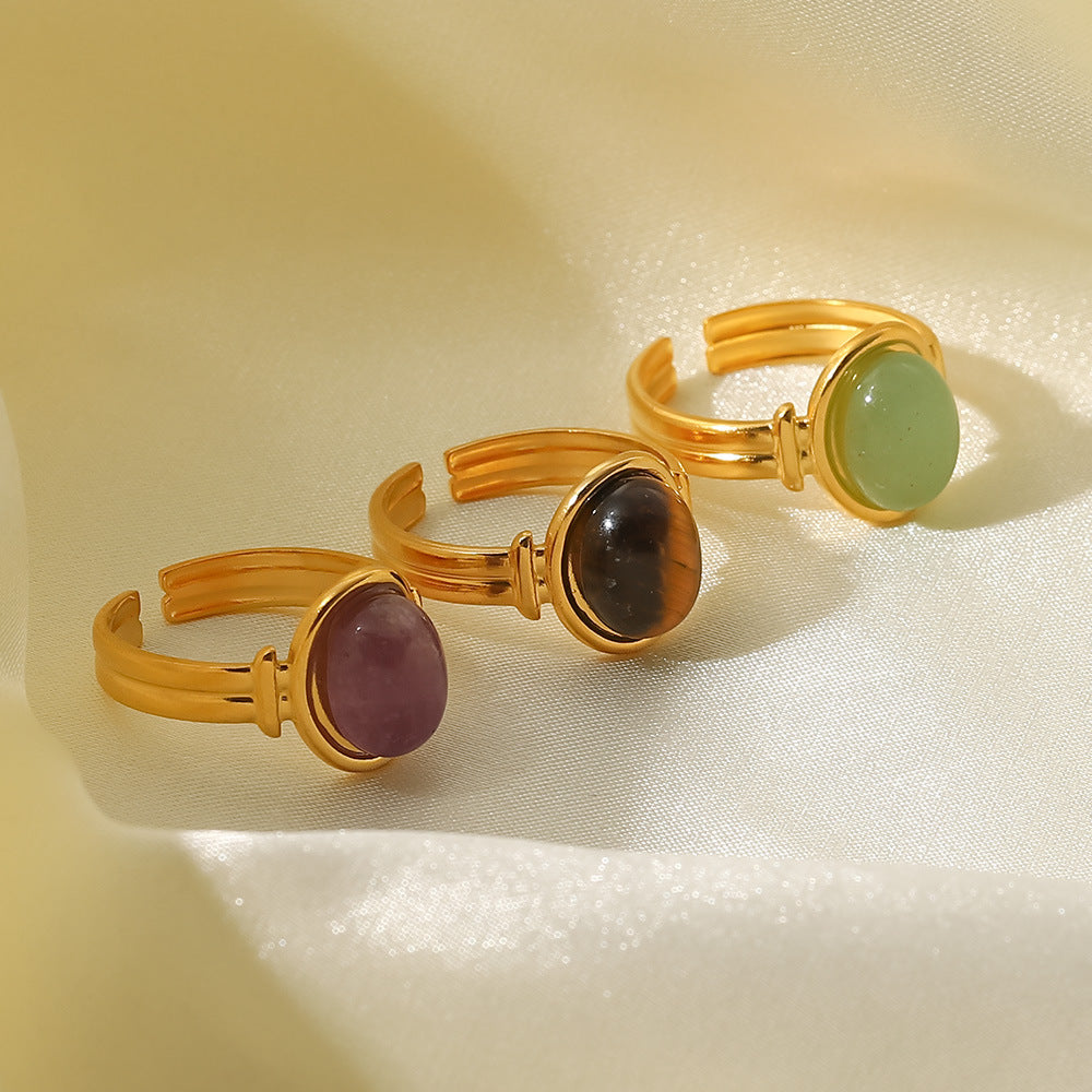 18K Gold Plated Geometric Open Ring with Oval Semi-Precious Gemstones