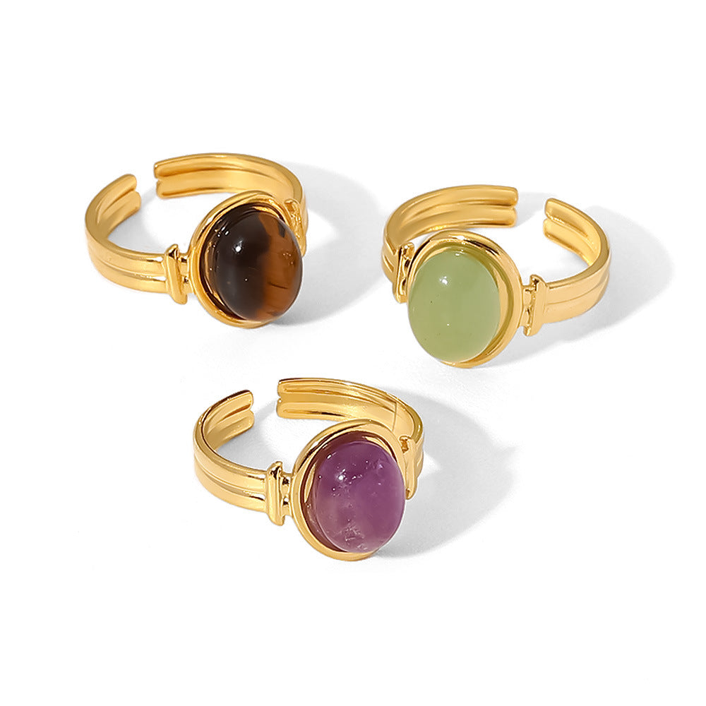 18K Gold Plated Geometric Open Ring with Oval Semi-Precious Gemstones