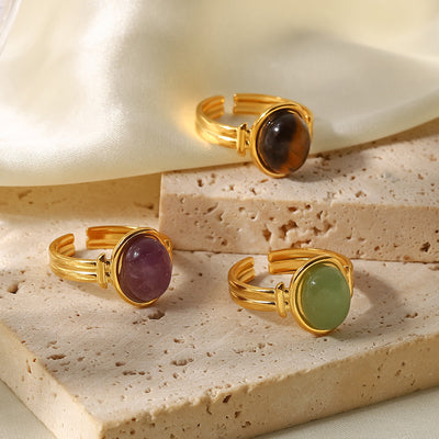 18K Gold Plated Geometric Open Ring with Oval Semi-Precious Gemstones