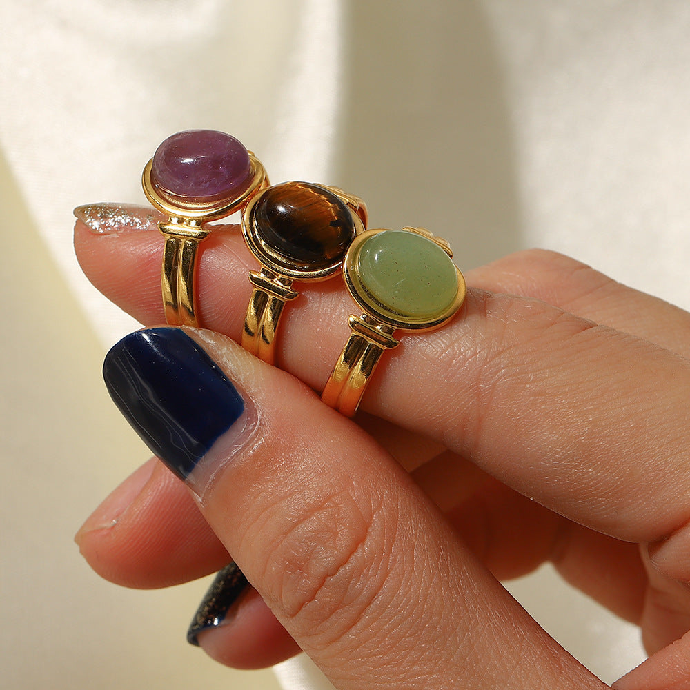 18K Gold Plated Geometric Open Ring with Oval Semi-Precious Gemstones