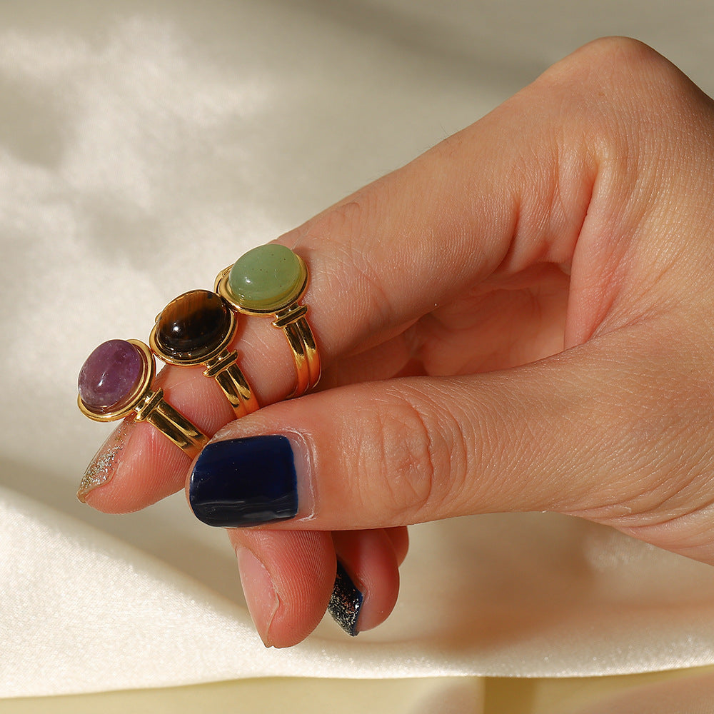 18K Gold Plated Geometric Open Ring with Oval Semi-Precious Gemstones