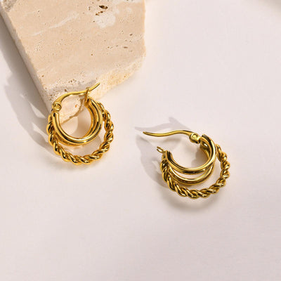 Geometric Twisted Stainless Steel Hoop Earrings - Gold Plated Vintage Design