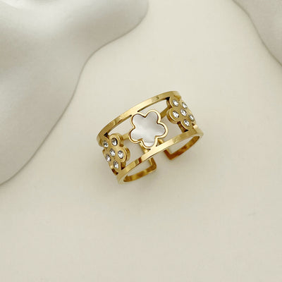 Geometric Floral Open Ring with Rhinestones in 18k Gold Plated Stainless Steel