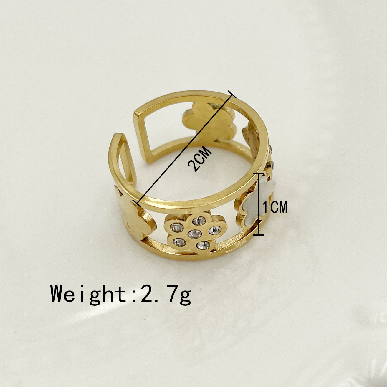 Geometric Floral Open Ring with Rhinestones in 18k Gold Plated Stainless Steel